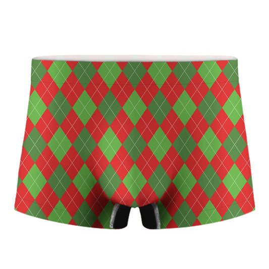 Green And Red Argyle Pattern Print Men's Boxer Briefs