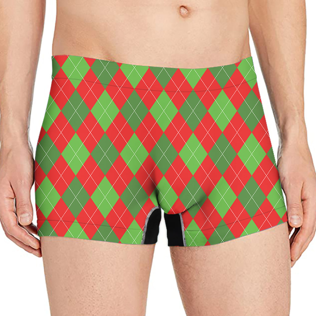 Green And Red Argyle Pattern Print Men's Boxer Briefs