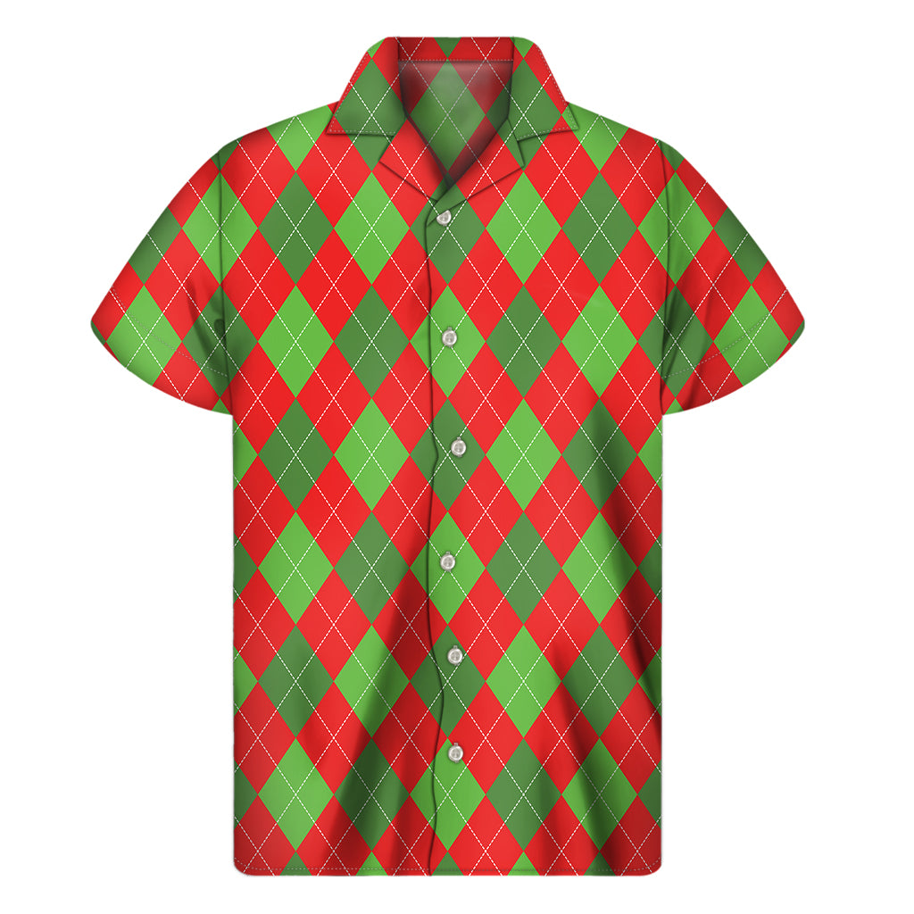 Green And Red Argyle Pattern Print Men's Short Sleeve Shirt