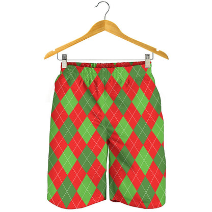 Green And Red Argyle Pattern Print Men's Shorts