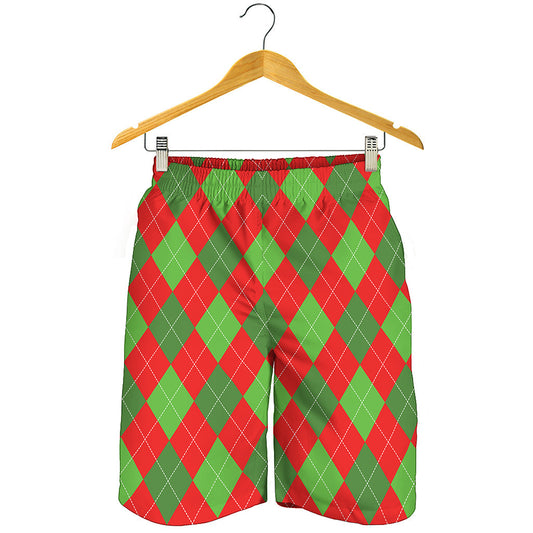 Green And Red Argyle Pattern Print Men's Shorts