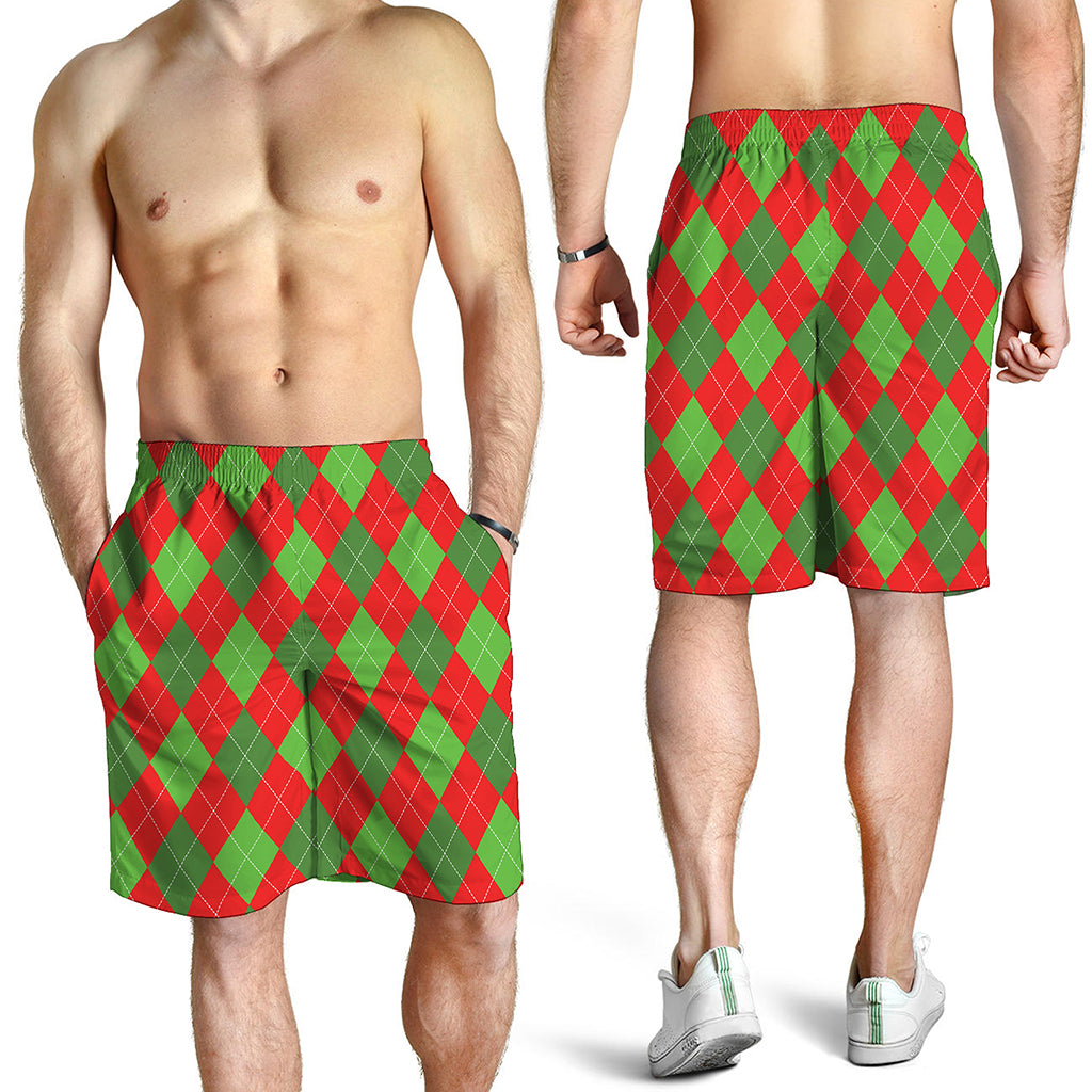 Green And Red Argyle Pattern Print Men's Shorts