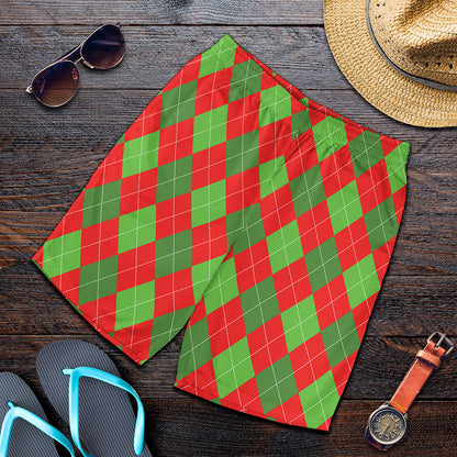 Green And Red Argyle Pattern Print Men's Shorts