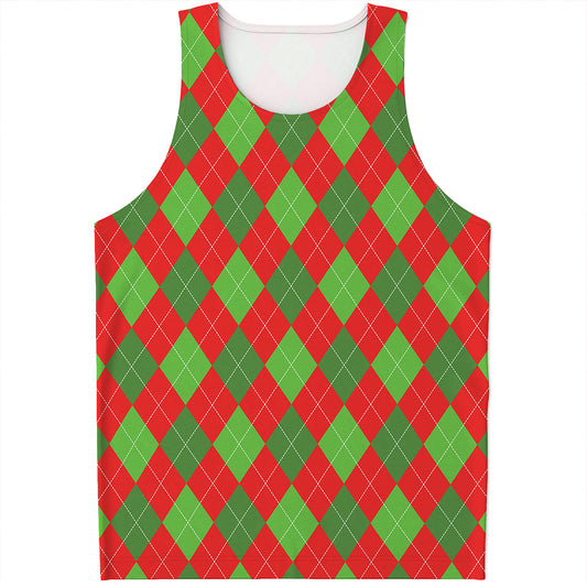 Green And Red Argyle Pattern Print Men's Tank Top