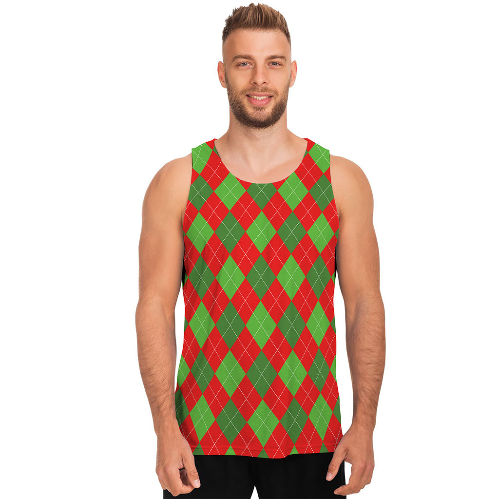 Green And Red Argyle Pattern Print Men's Tank Top