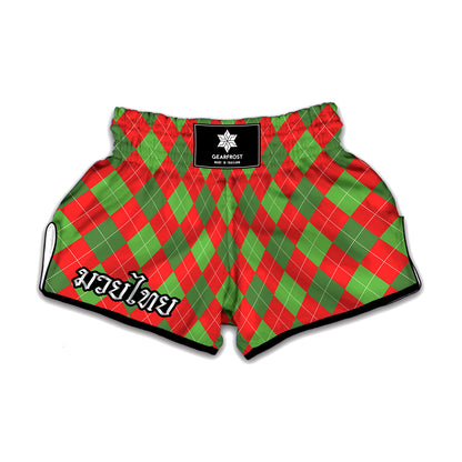 Green And Red Argyle Pattern Print Muay Thai Boxing Shorts