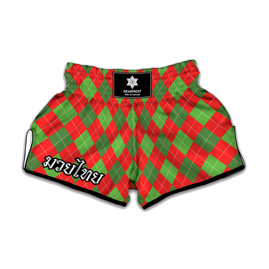 Green And Red Argyle Pattern Print Muay Thai Boxing Shorts