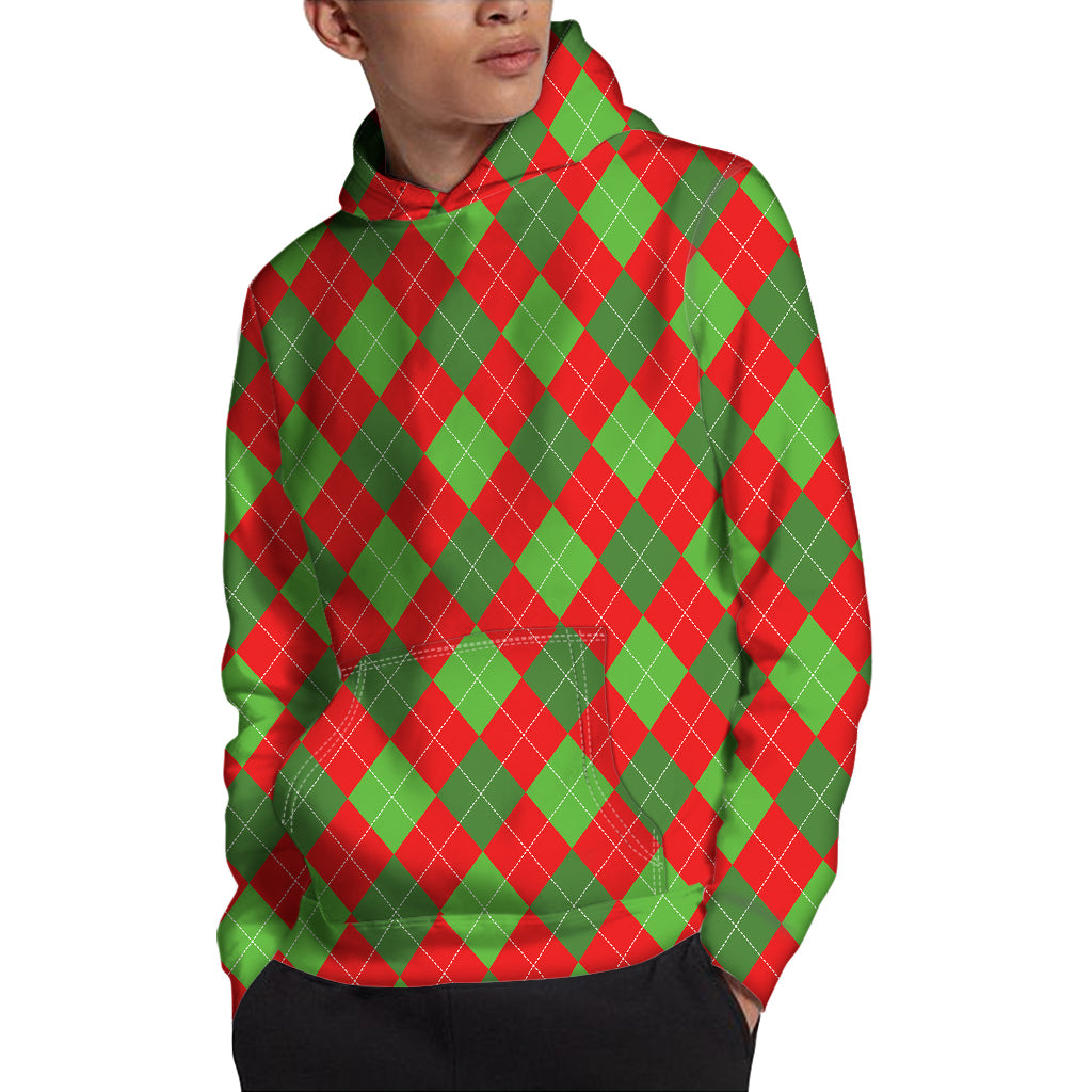Green And Red Argyle Pattern Print Pullover Hoodie
