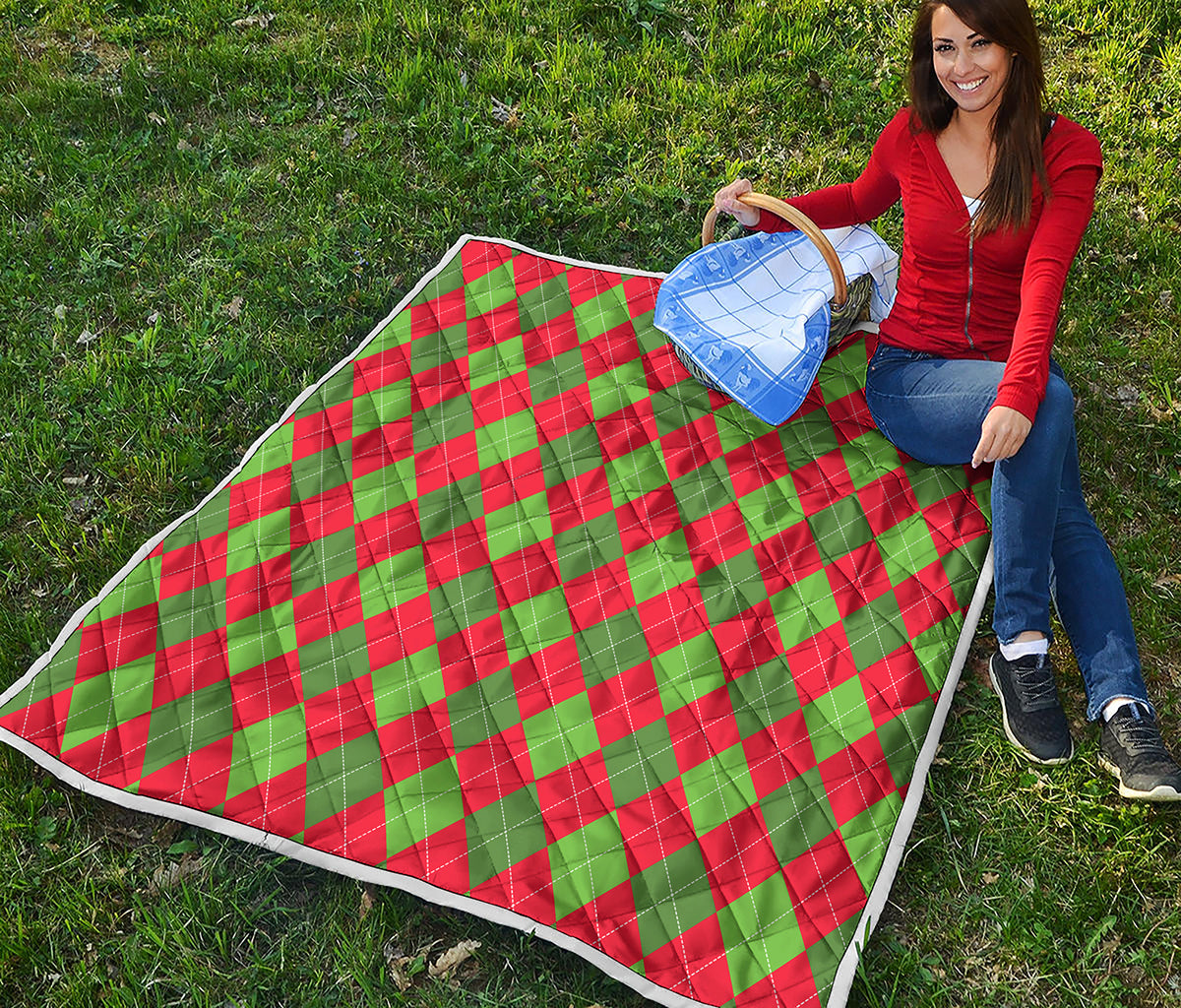 Green And Red Argyle Pattern Print Quilt