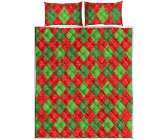 Green And Red Argyle Pattern Print Quilt Bed Set