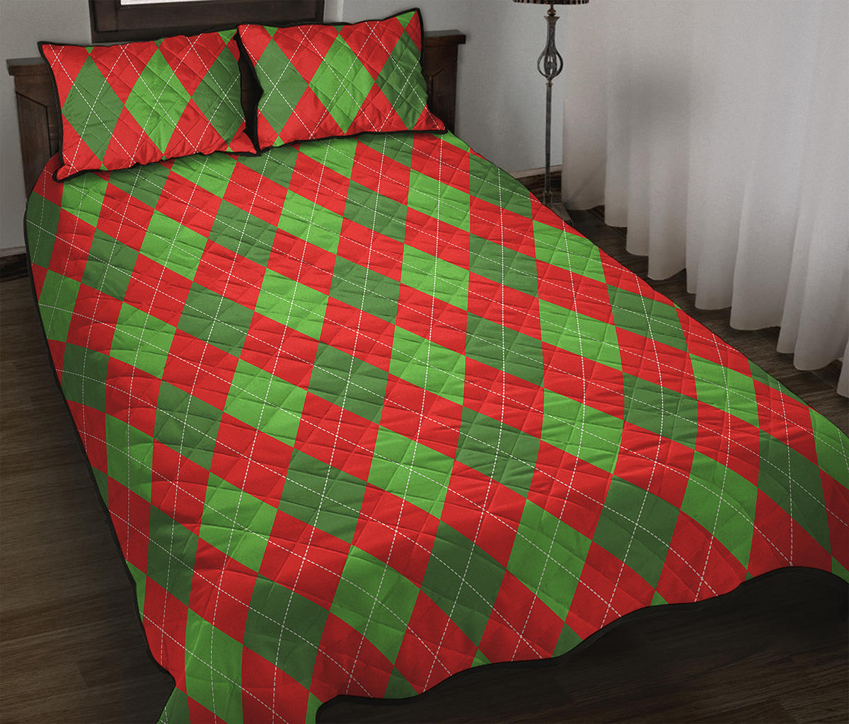 Green And Red Argyle Pattern Print Quilt Bed Set
