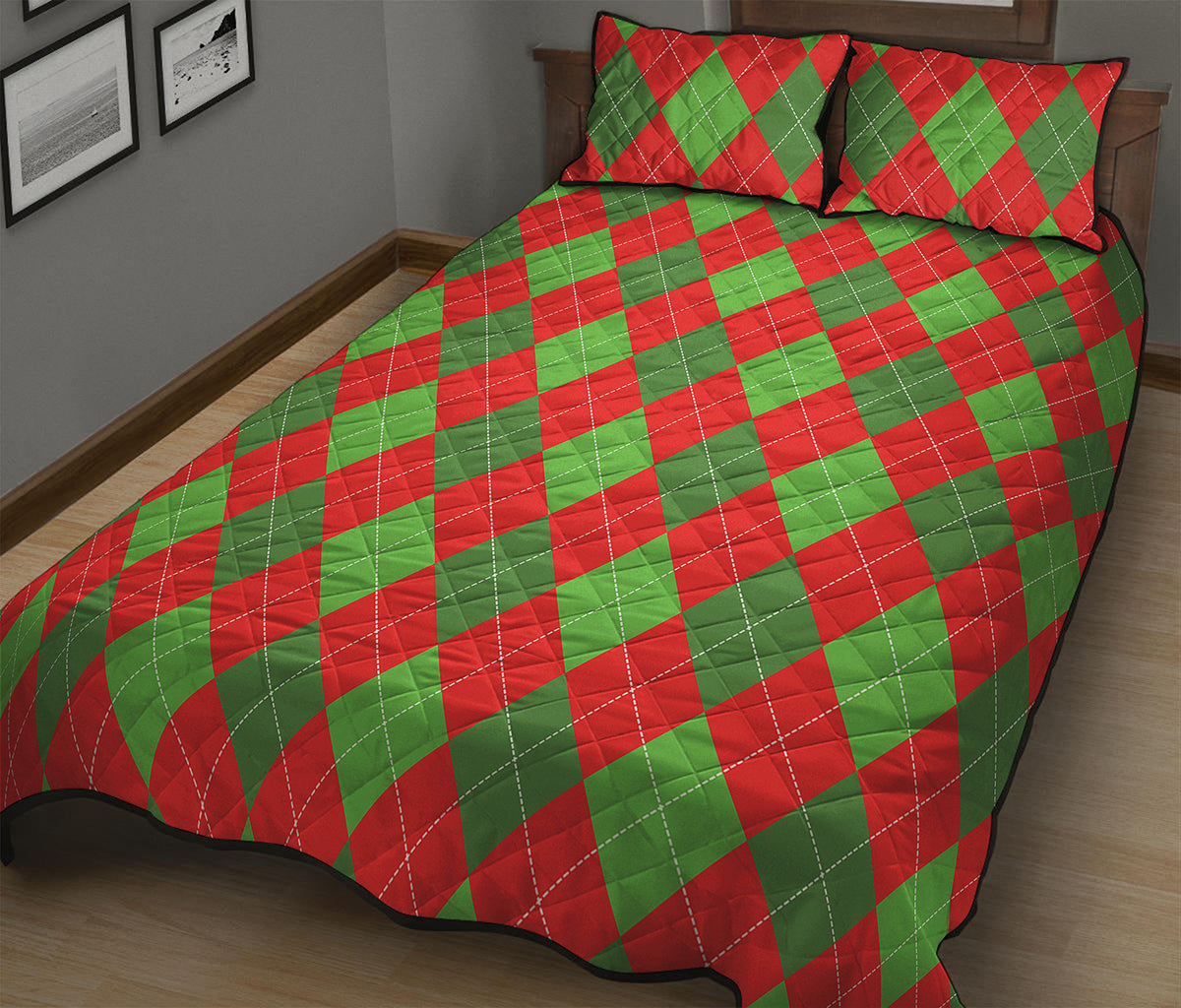 Green And Red Argyle Pattern Print Quilt Bed Set