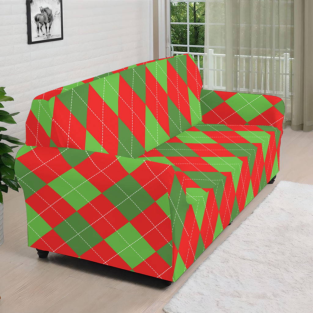 Green And Red Argyle Pattern Print Sofa Cover