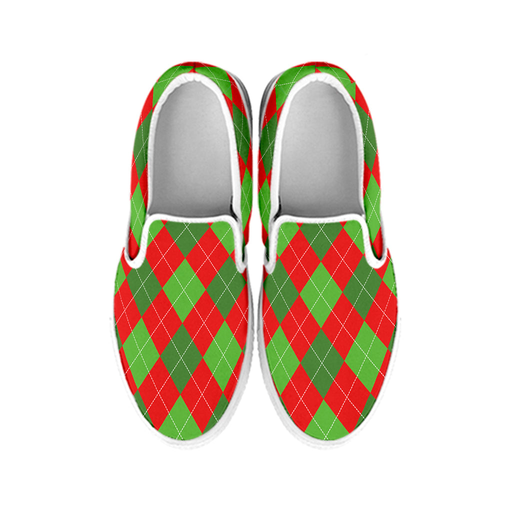 Green And Red Argyle Pattern Print White Slip On Shoes