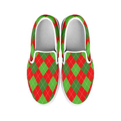 Green And Red Argyle Pattern Print White Slip On Shoes