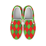 Green And Red Argyle Pattern Print White Slip On Shoes