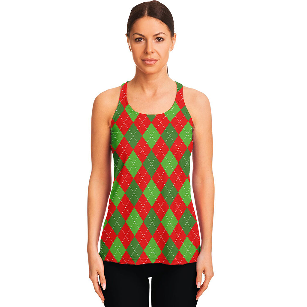 Green And Red Argyle Pattern Print Women's Racerback Tank Top