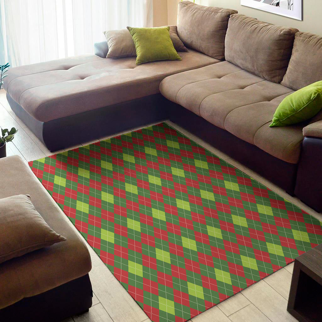 Green And Red Christmas Argyle Print Area Rug
