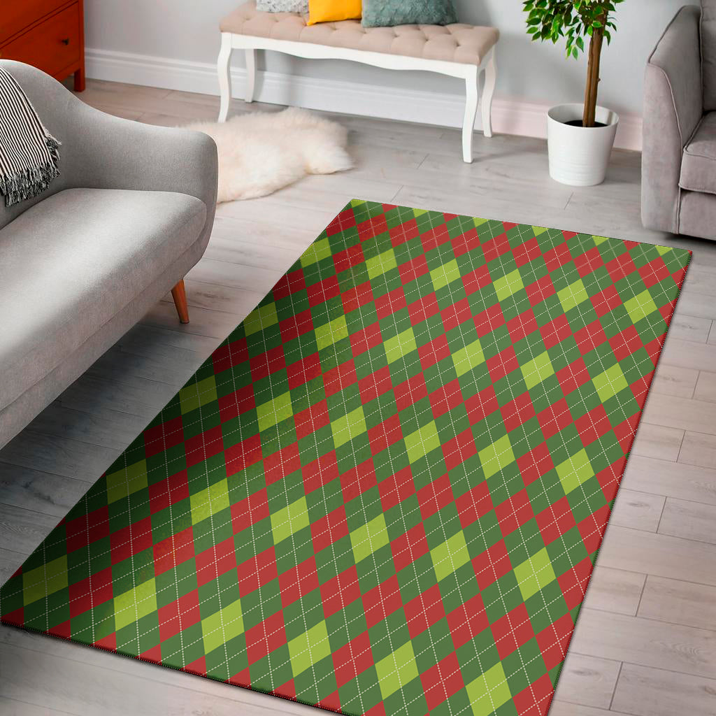 Green And Red Christmas Argyle Print Area Rug