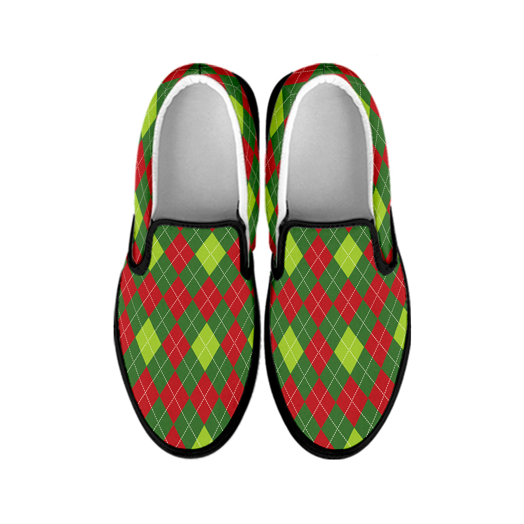 Green And Red Christmas Argyle Print Black Slip On Shoes