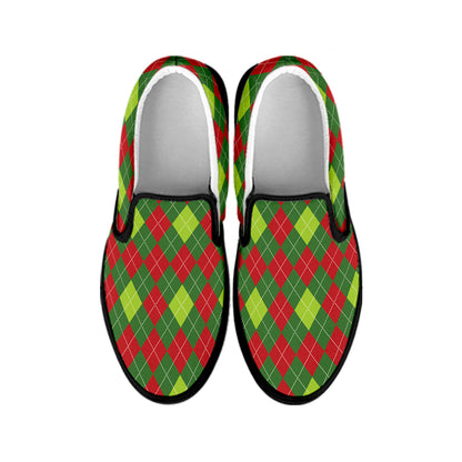 Green And Red Christmas Argyle Print Black Slip On Shoes
