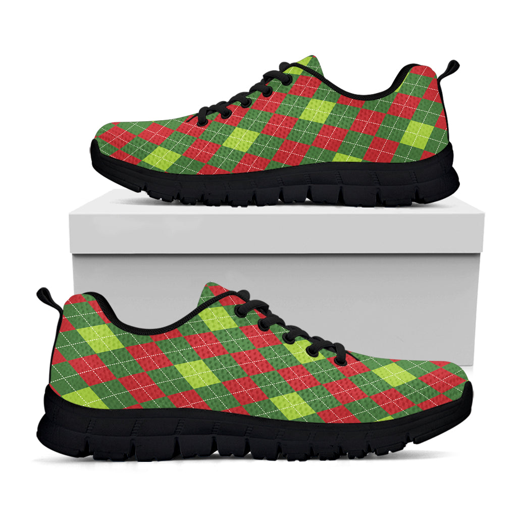 Green And Red Christmas Argyle Print Black Sneakers
