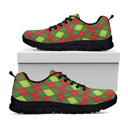 Green And Red Christmas Argyle Print Black Sneakers