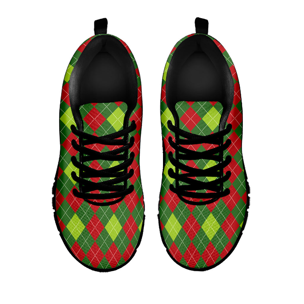 Green And Red Christmas Argyle Print Black Sneakers