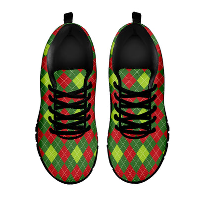 Green And Red Christmas Argyle Print Black Sneakers