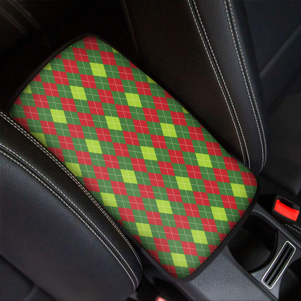 Green And Red Christmas Argyle Print Car Center Console Cover