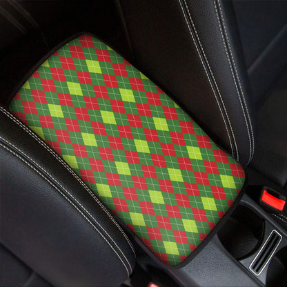 Green And Red Christmas Argyle Print Car Center Console Cover