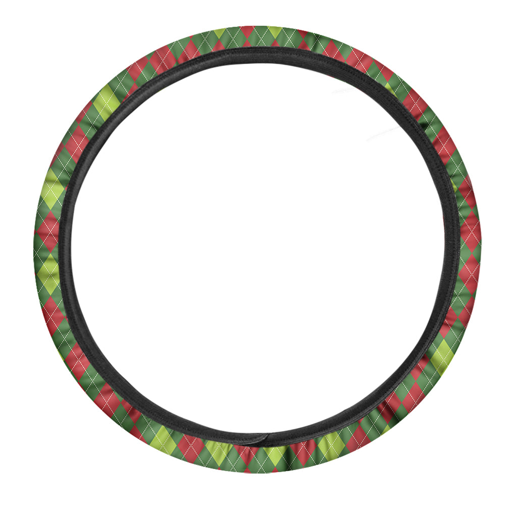 Green And Red Christmas Argyle Print Car Steering Wheel Cover