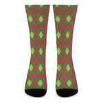 Green And Red Christmas Argyle Print Crew Socks