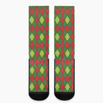 Green And Red Christmas Argyle Print Crew Socks