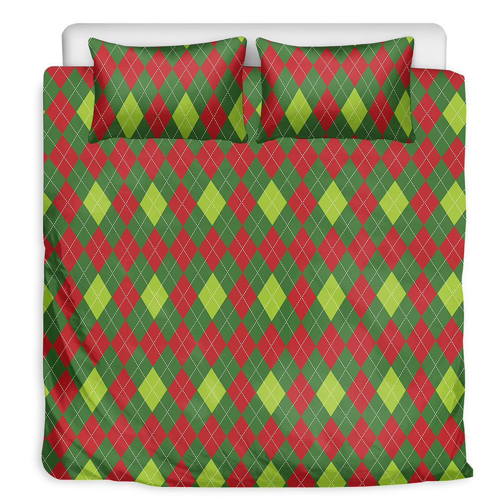 Green And Red Christmas Argyle Print Duvet Cover Bedding Set
