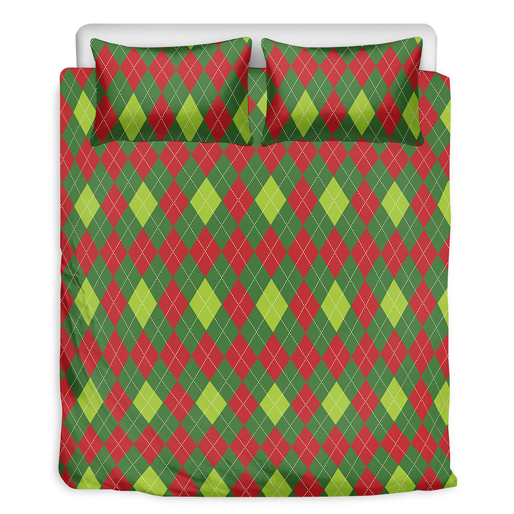 Green And Red Christmas Argyle Print Duvet Cover Bedding Set