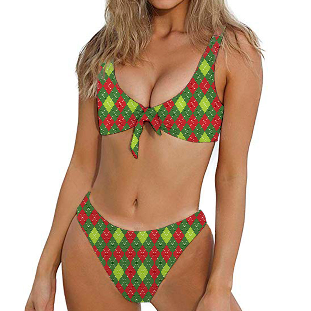 Green And Red Christmas Argyle Print Front Bow Tie Bikini