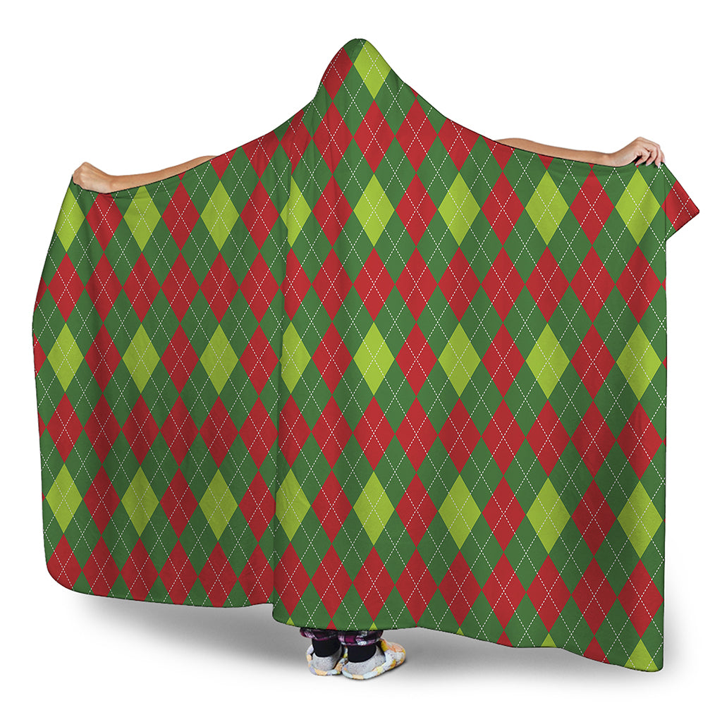 Green And Red Christmas Argyle Print Hooded Blanket