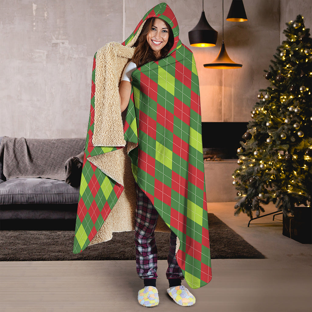 Green And Red Christmas Argyle Print Hooded Blanket