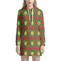 Green And Red Christmas Argyle Print Pullover Hoodie Dress