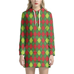 Green And Red Christmas Argyle Print Hoodie Dress