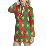 Green And Red Christmas Argyle Print Hoodie Dress
