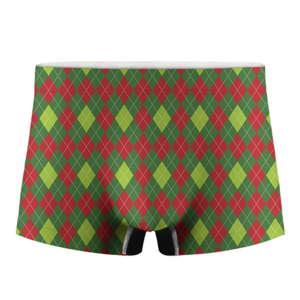 Green And Red Christmas Argyle Print Men's Boxer Briefs