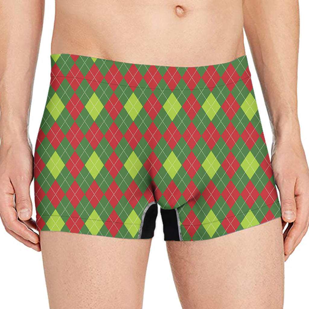 Green And Red Christmas Argyle Print Men's Boxer Briefs
