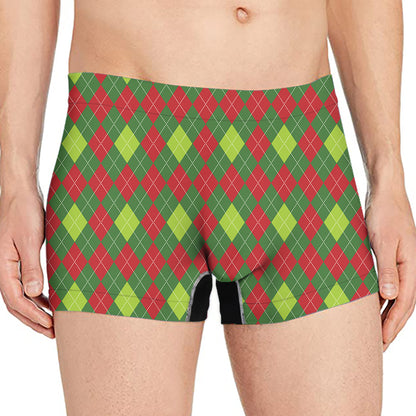 Green And Red Christmas Argyle Print Men's Boxer Briefs