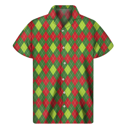 Green And Red Christmas Argyle Print Men's Short Sleeve Shirt