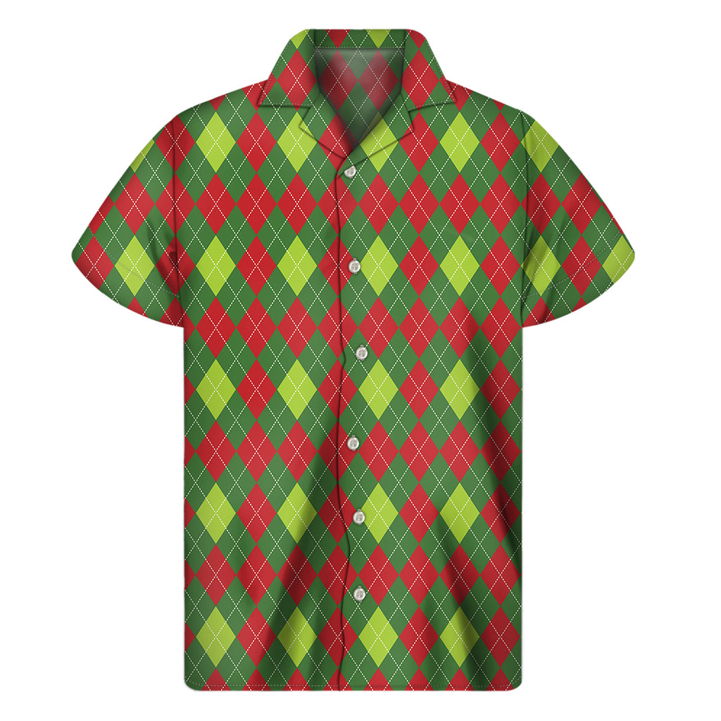 Green And Red Christmas Argyle Print Men's Short Sleeve Shirt