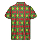 Green And Red Christmas Argyle Print Men's Short Sleeve Shirt