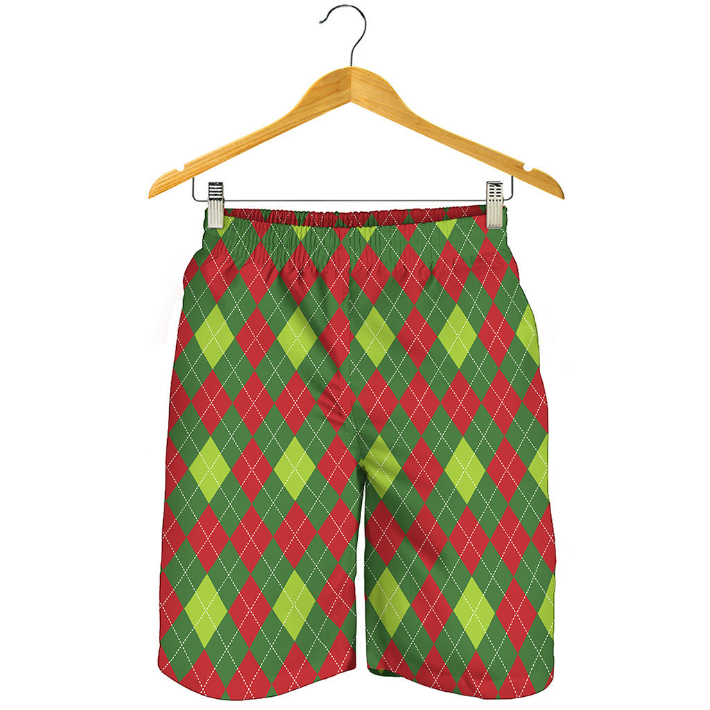 Green And Red Christmas Argyle Print Men's Shorts