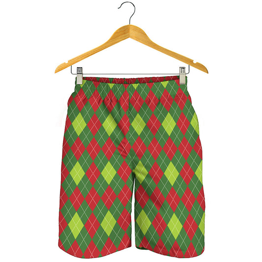 Green And Red Christmas Argyle Print Men's Shorts